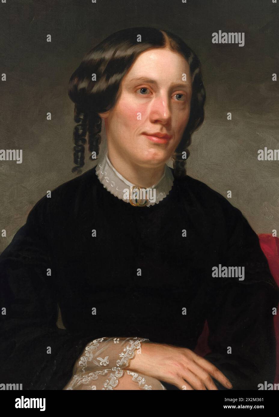 Portrait of Harriet Beecher Stowe (Cropped) by American artist Alanson Fisher (1807-1884) painted in 1853. This portrait was commissioned a year after the publication of Stowe’s bestselling novel 'Uncle Tom's Cabin’ that did much to progress the abolitionist cause in 1850s. Stock Photo