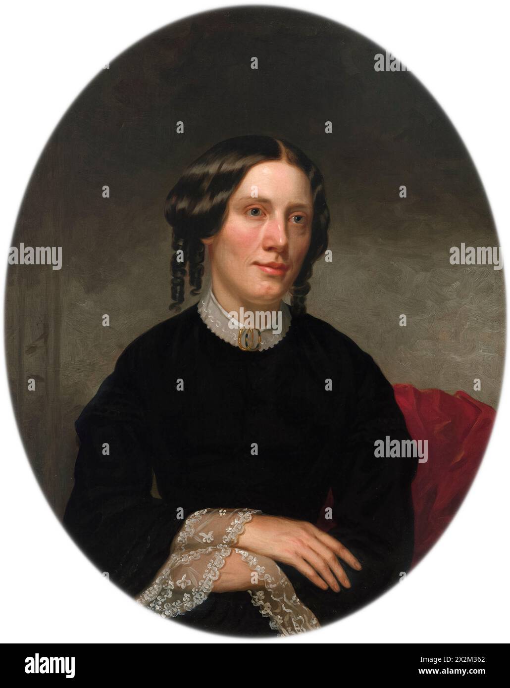 Portrait of Harriet Beecher Stowe by American artist Alanson Fisher (1807-1884) painted in 1853. This portrait was commissioned a year after the publication of Stowe’s bestselling novel 'Uncle Tom's Cabin’ that did much to progress the abolitionist cause in 1850s. Stock Photo