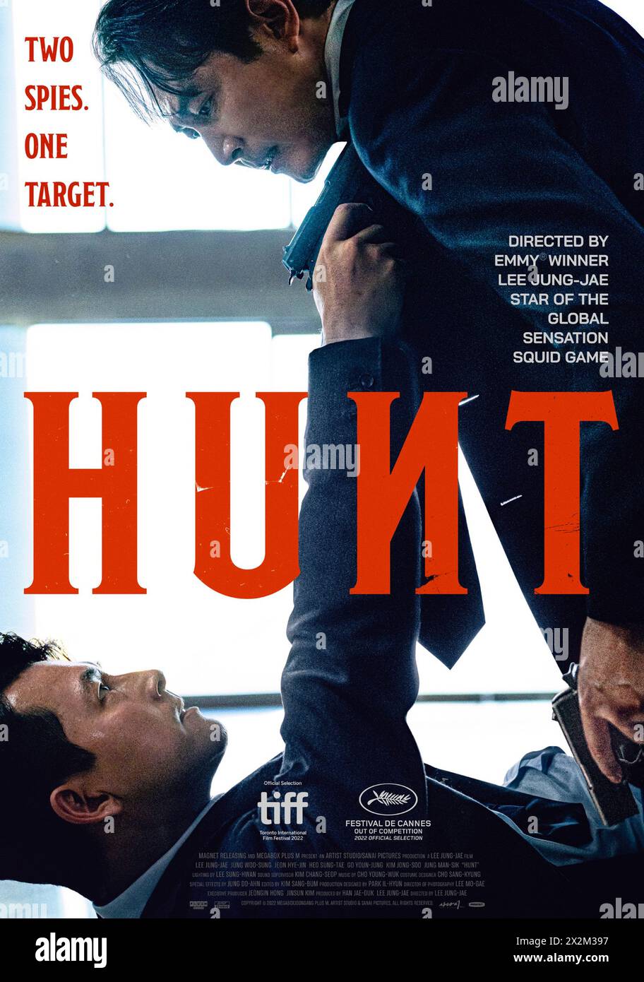 Hunt (2022) directed by Lee Jung-jae and starring Lee Jung-jae, Ju Ji-hoon and Jung Woo-sung. The International Unit and The Domestic Unit of the Korean Spy Agency are tasked with the mission of uncovering a North Korean Spy known as Donglim who is deeply embedded within their agency. US one sheet poster.***EDITORIAL USE ONLY*** Credit: BFA / Magnolia Pictures Stock Photo