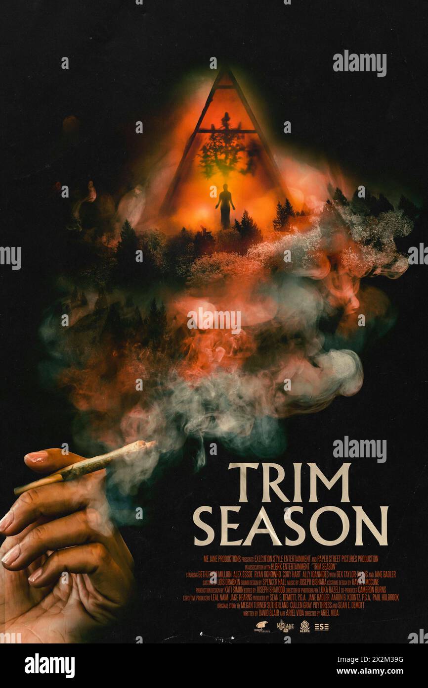 Trim Season (2023) directed by Ariel Vida and starring Bethlehem Million, Alexandra Essoe and Ally Ioannides. A group of young people go to a remote marijuana farm where they hope to make quick cash. But, they discover the location's dark secrets and now must try to escape the mountain on which they are trapped. US one sheet poster.***EDITORIAL USE ONLY*** Credit: BFA / Blue Harbor Entertainment Stock Photo
