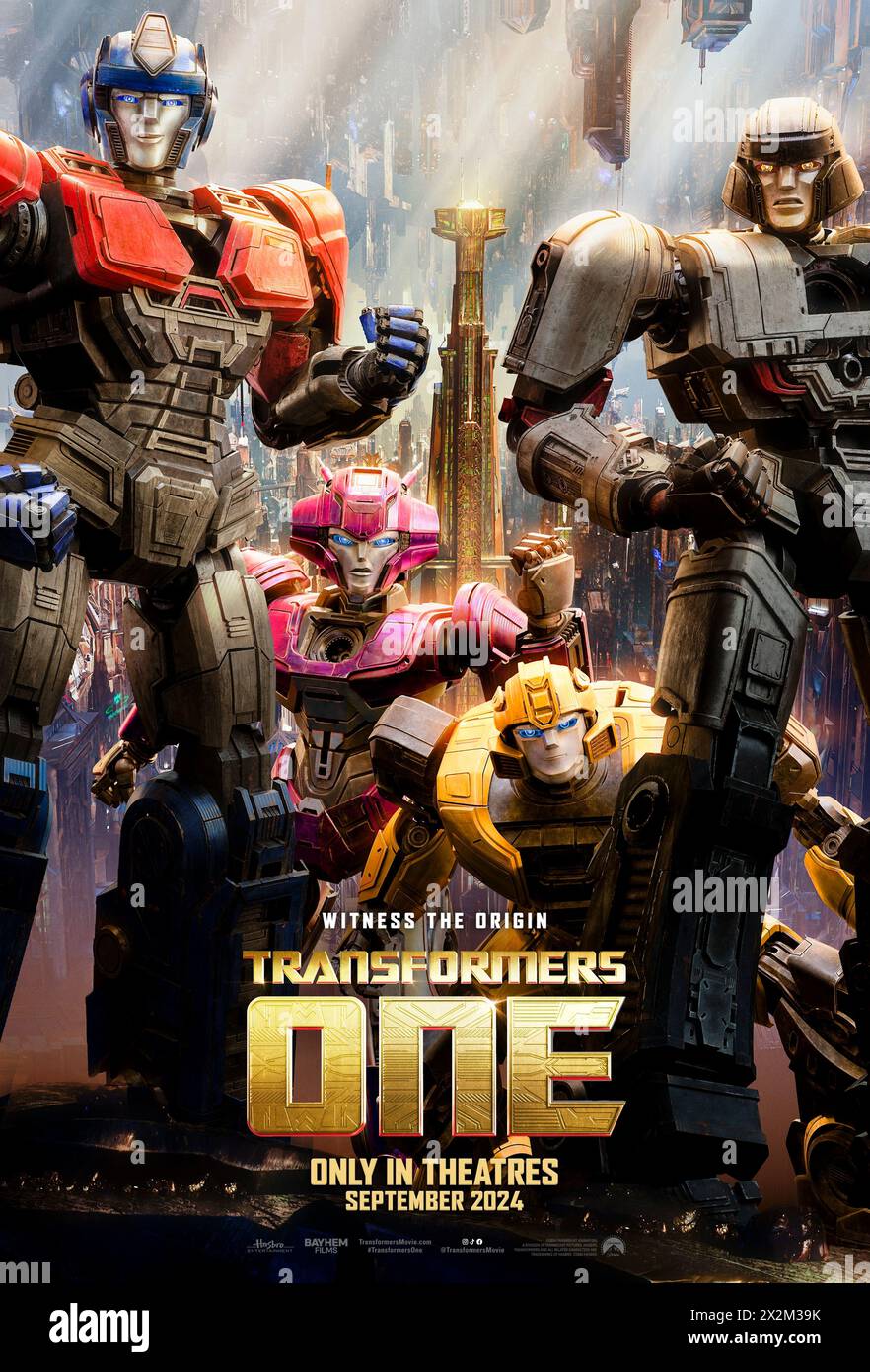 Transformers One (2024) directed by Josh Cooley and starring Chris Hemsworth, Brian Tyree Henry and Scarlett Johansson. The untold origin story of Optimus Prime and Megatron, better known as sworn enemies, but once were friends bonded like brothers who changed the fate of Cybertron forever. US one sheet poster.***EDITORIAL USE ONLY*** Credit: BFA / Paramount Pictures Stock Photo