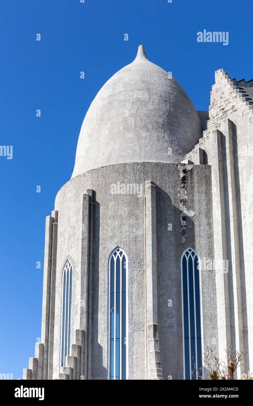 Hallgrimskirkja church sanctuary building with cylindrical shape dome evoking Viking war helmets, crystal blue sky, Reykjavik, Iceland. Stock Photo