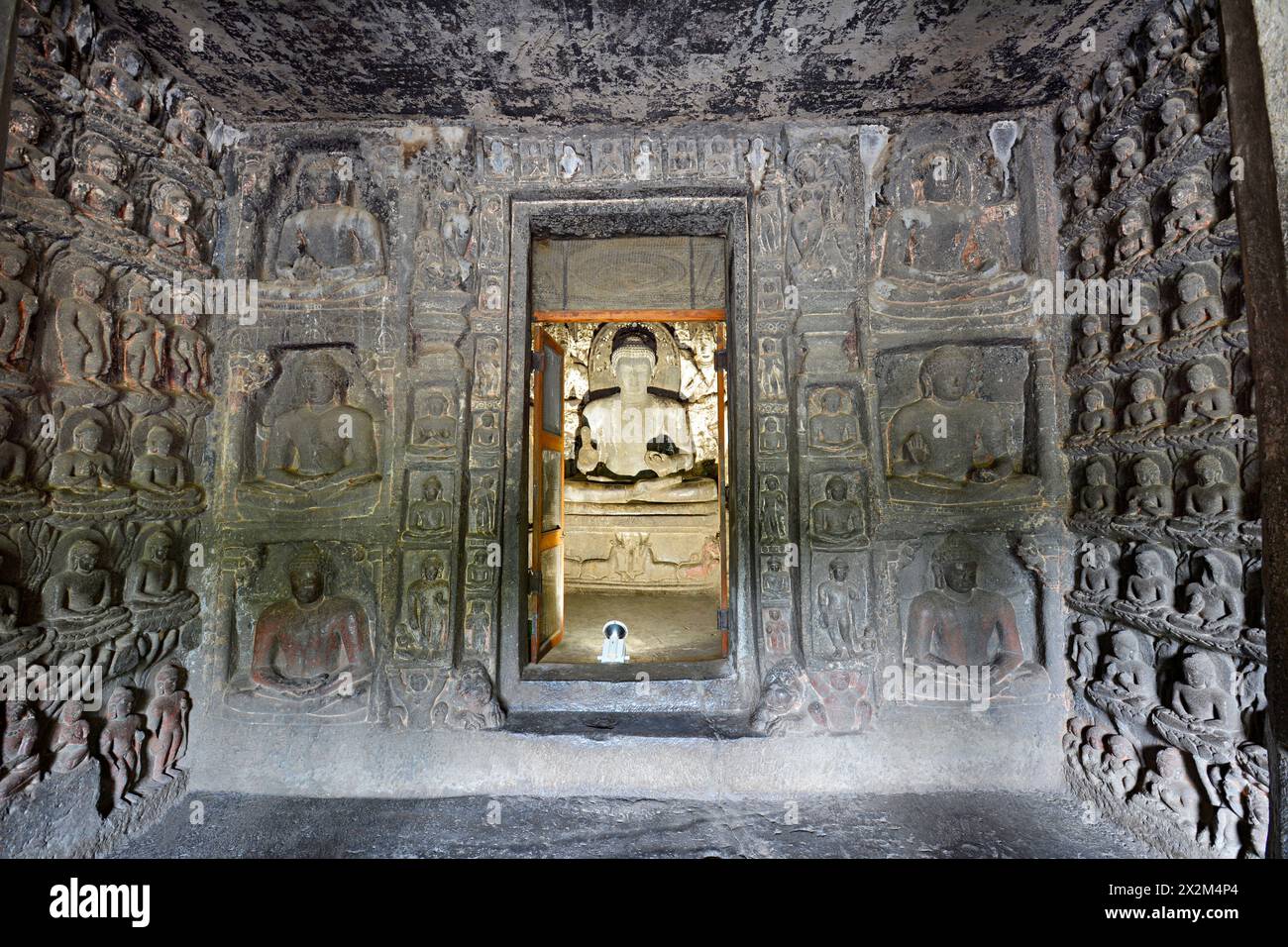 Ajanta Cave No 7 Antechamber showing so called thousand seated Buddhas on the left, right and either side of the shrine doorway Stock Photo