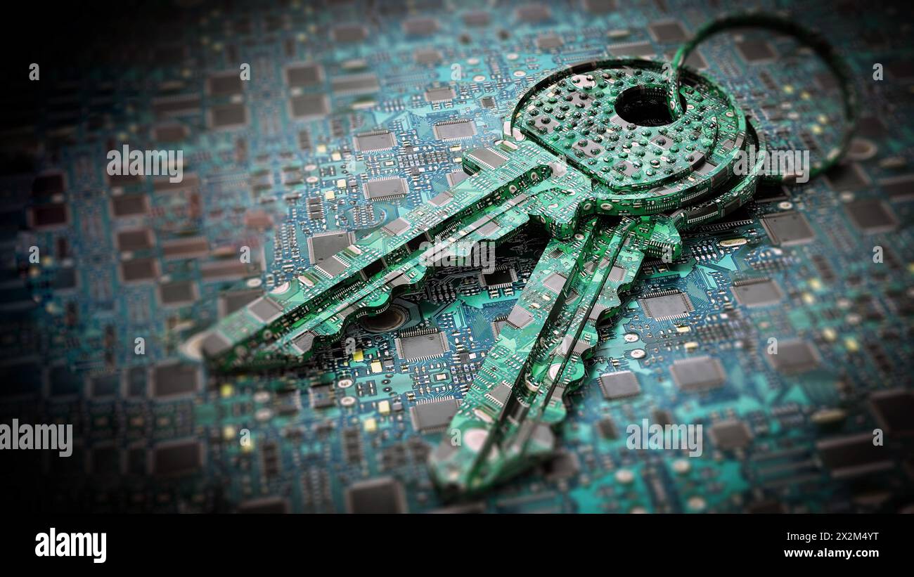 Digital keys standing on PCB texture. 3D illustration Stock Photo - Alamy