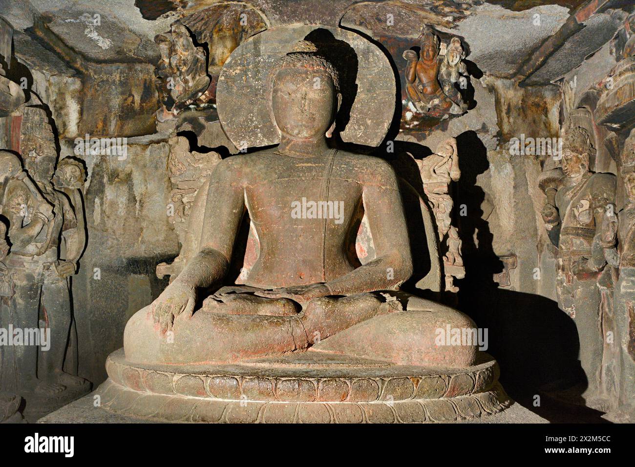 Ellora Buddhist Caves: Cave No 12. Third floor. Seated Buddha, main shrine - Second floor. The main shrine huge seated Buddha with the earth-touching Stock Photo