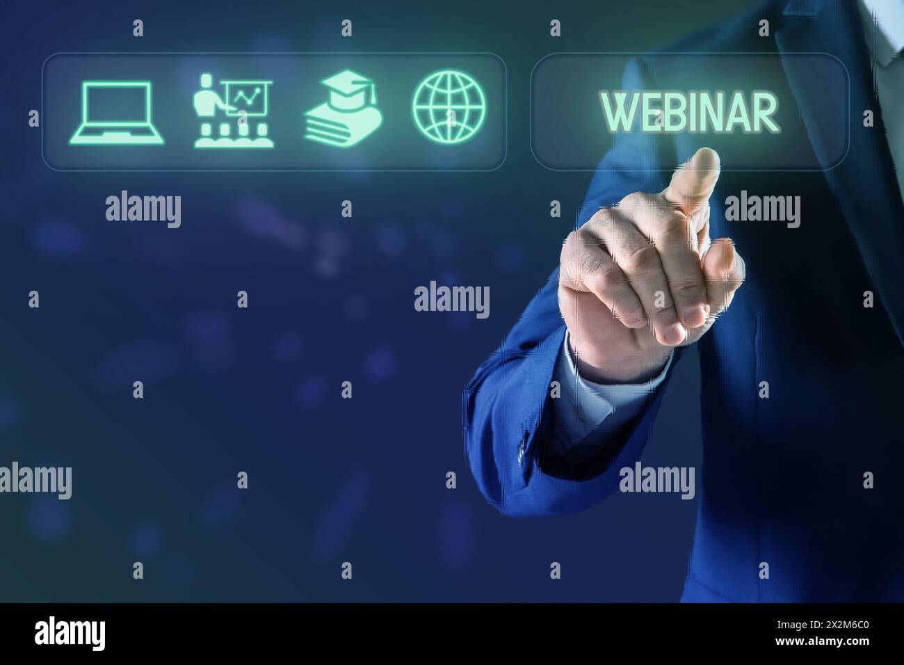 Webinar. Businessman using virtual screen with icons on blue background, closeup Stock Photo
