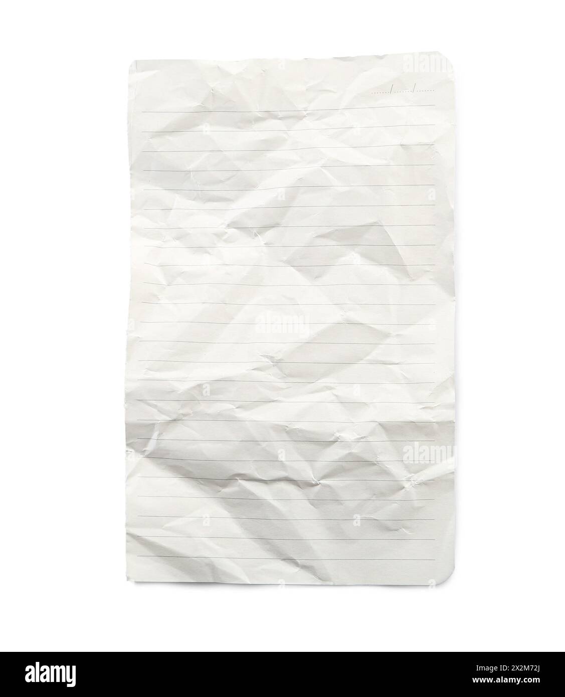 Crumpled lined notebook sheet isolated on white, top view Stock Photo