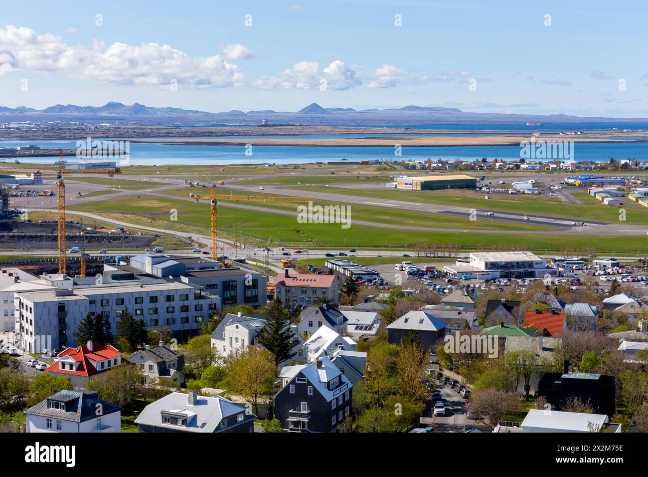 Reykjavik, Iceland, 14.05.22. Reykjavik City domestic airport (RKV), aerial view with runways, terminal buildings, airport infrastructure. Stock Photo