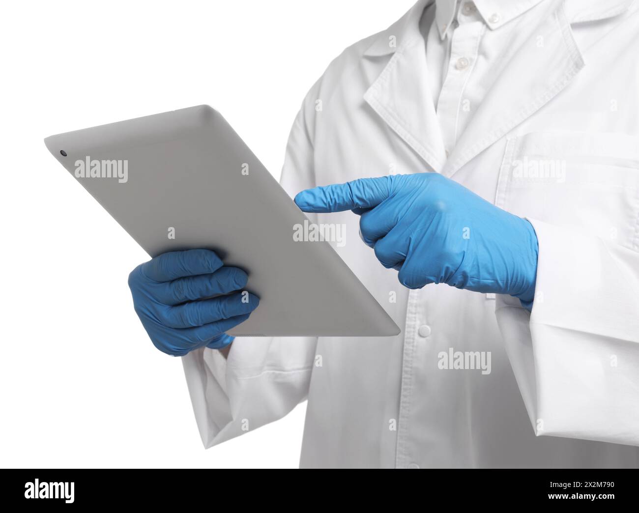 Quality control. Food inspector with tablet on white background, closeup Stock Photo