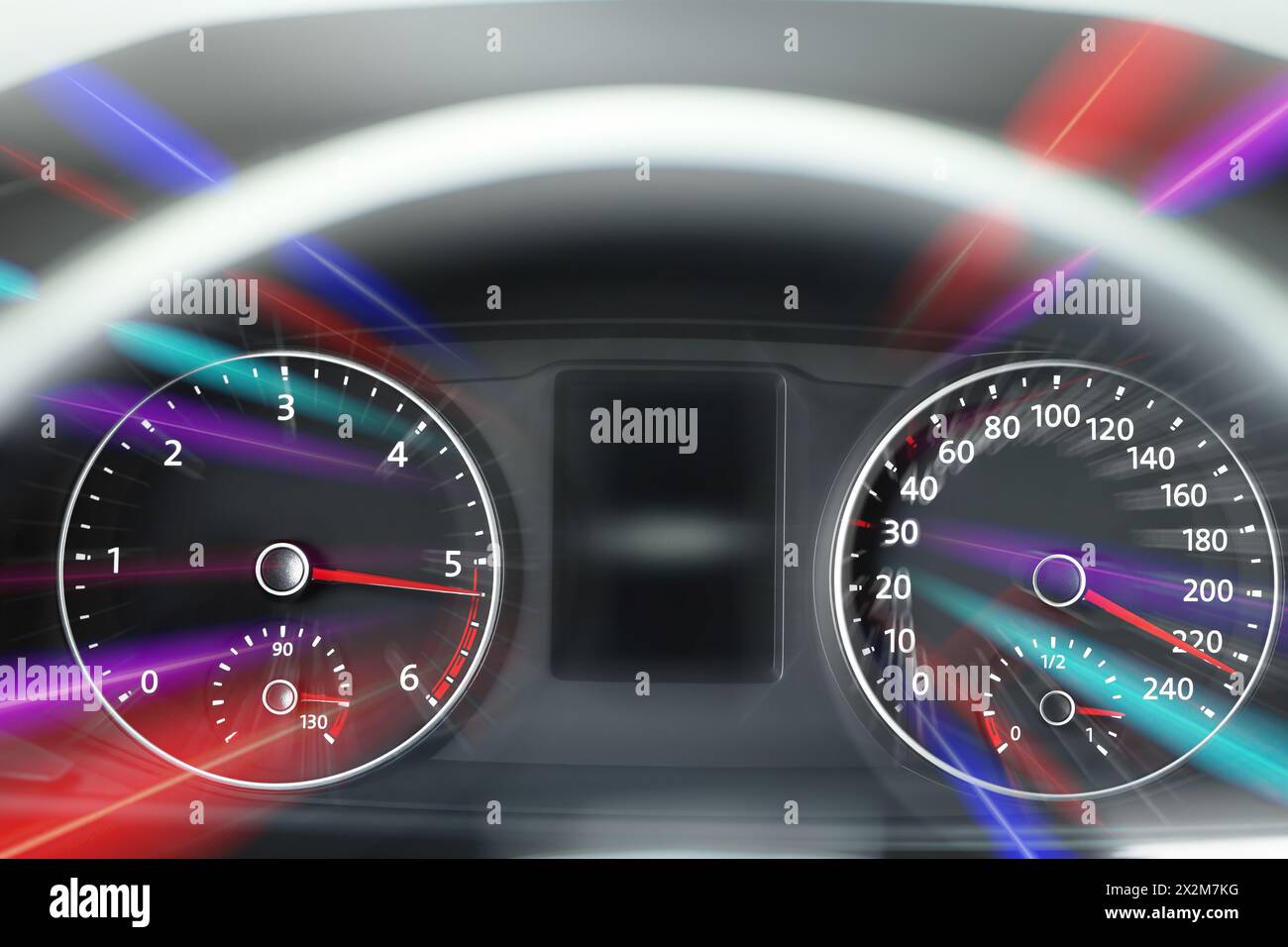 Speedometer and tachometer behind steering wheel in car, motion blur ...