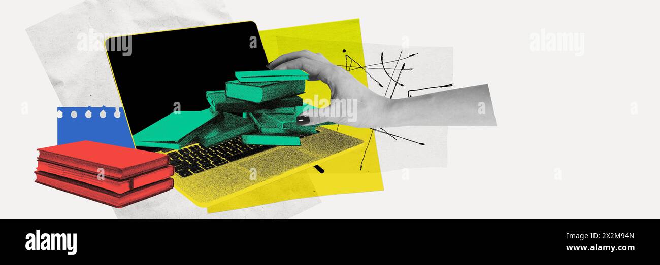 Hand putting books into laptop meaning modern usage of online libraries and resources instead of physical books. Contemporary art collage. Stock Photo