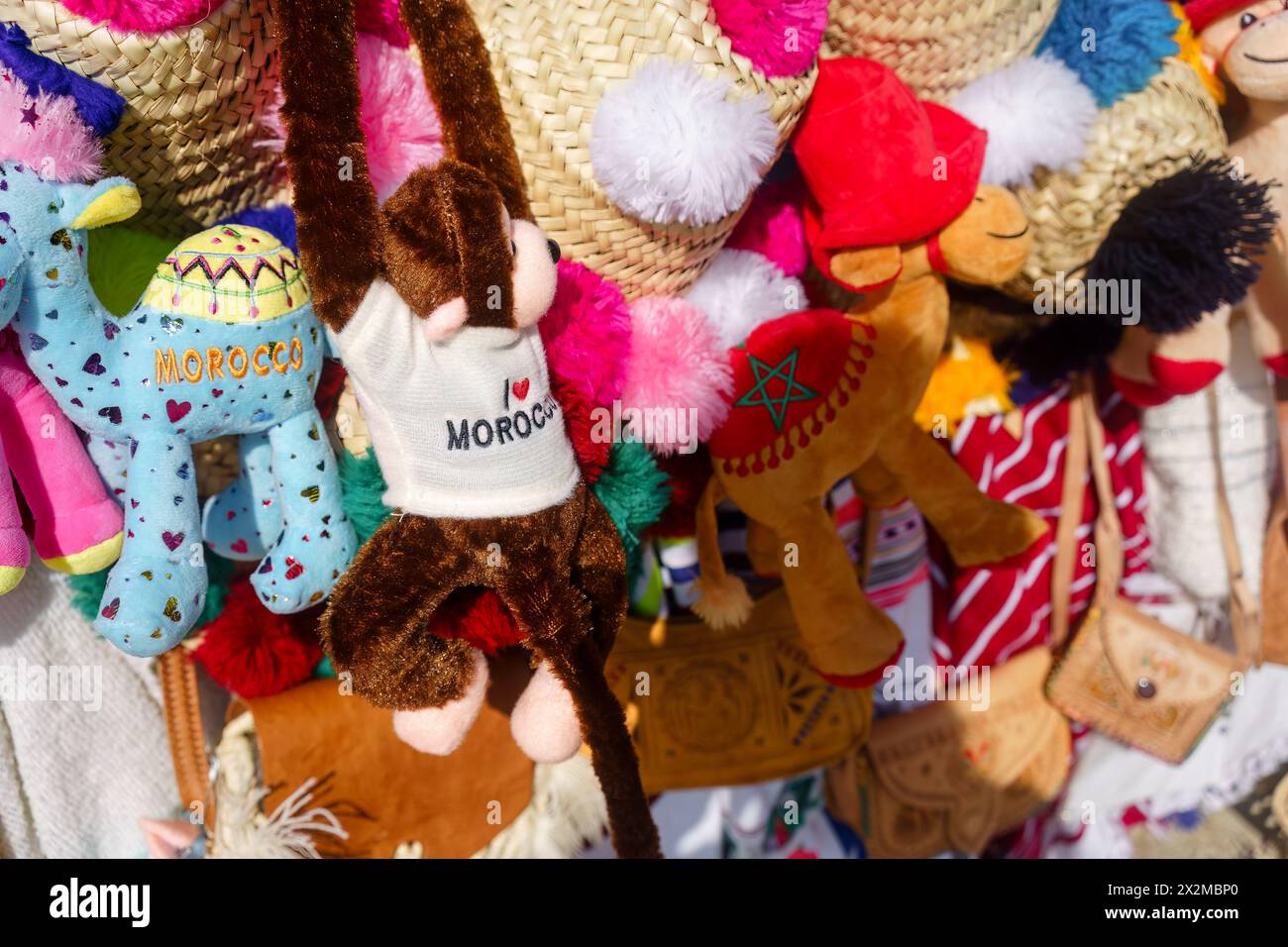 Close-up of Morocco-themed stuffed animals for sale. Stock Photo