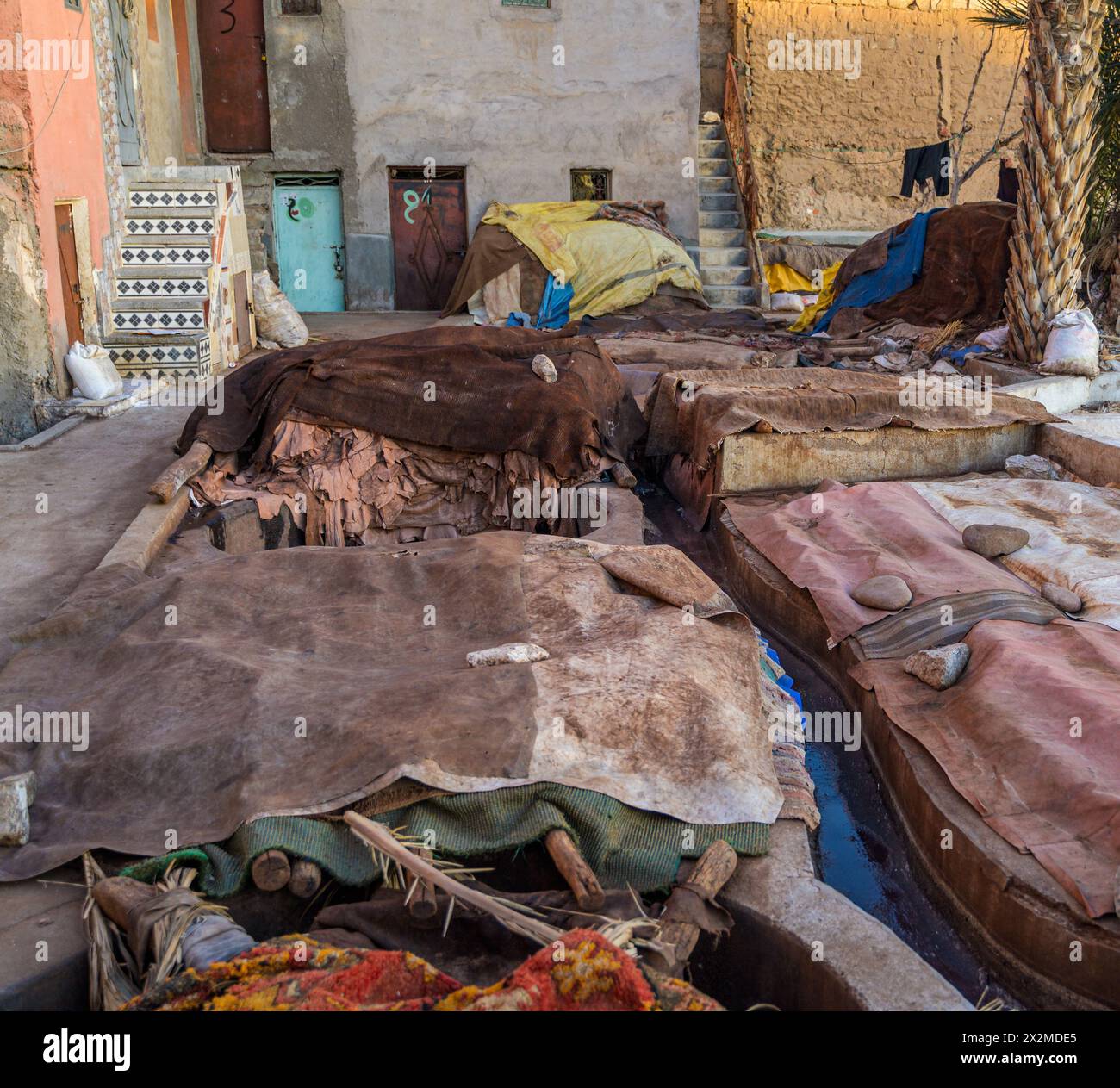 A close-up view of historic tannery pits with animal hides in various stages of processing in the heart of a Moroccan medina, showcasing a traditional Stock Photo