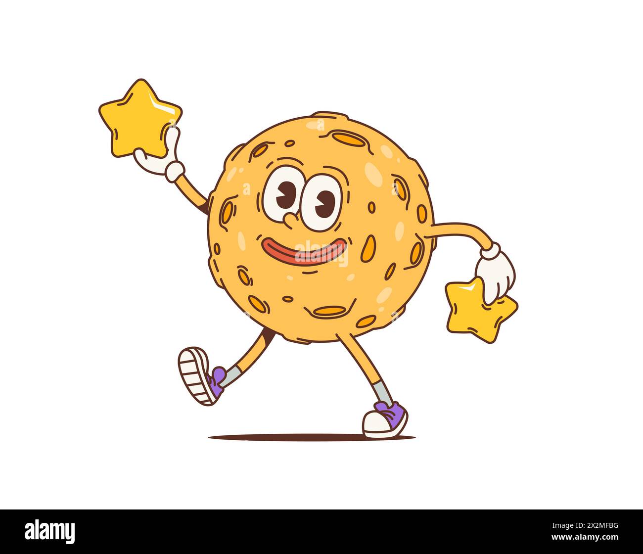 Cartoon retro moon groovy character with twinkle stars. Isolated vector psychedelic celestial body personage with craters, gloves, sneakers and wide grin exudes a laid-back, vintage 60s or 70s vibes Stock Vector