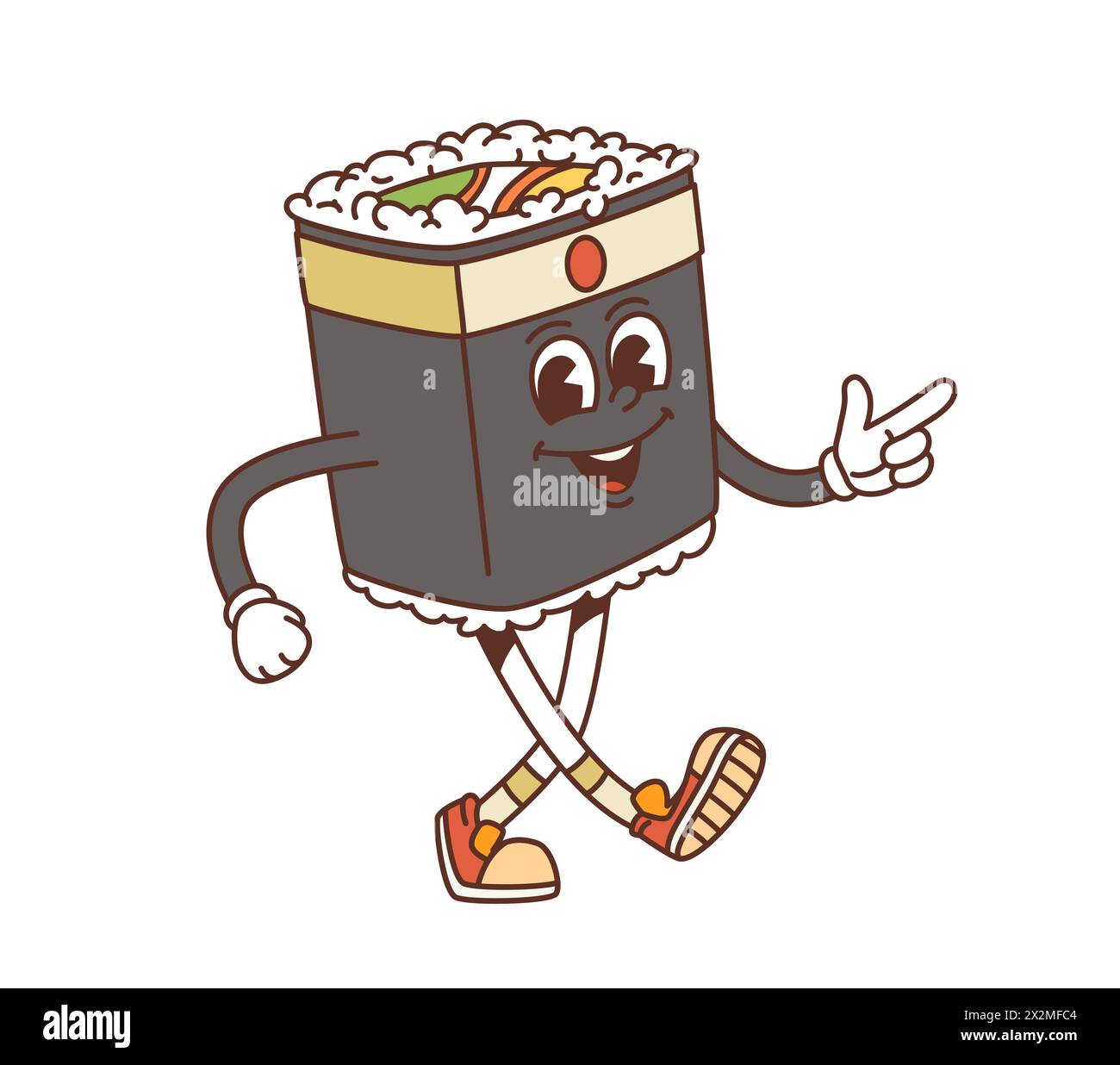 Cartoon funny japanese roll groovy character. Isolated vector squared Cartoon funny japanese roll groovy character. Isolated vector squared