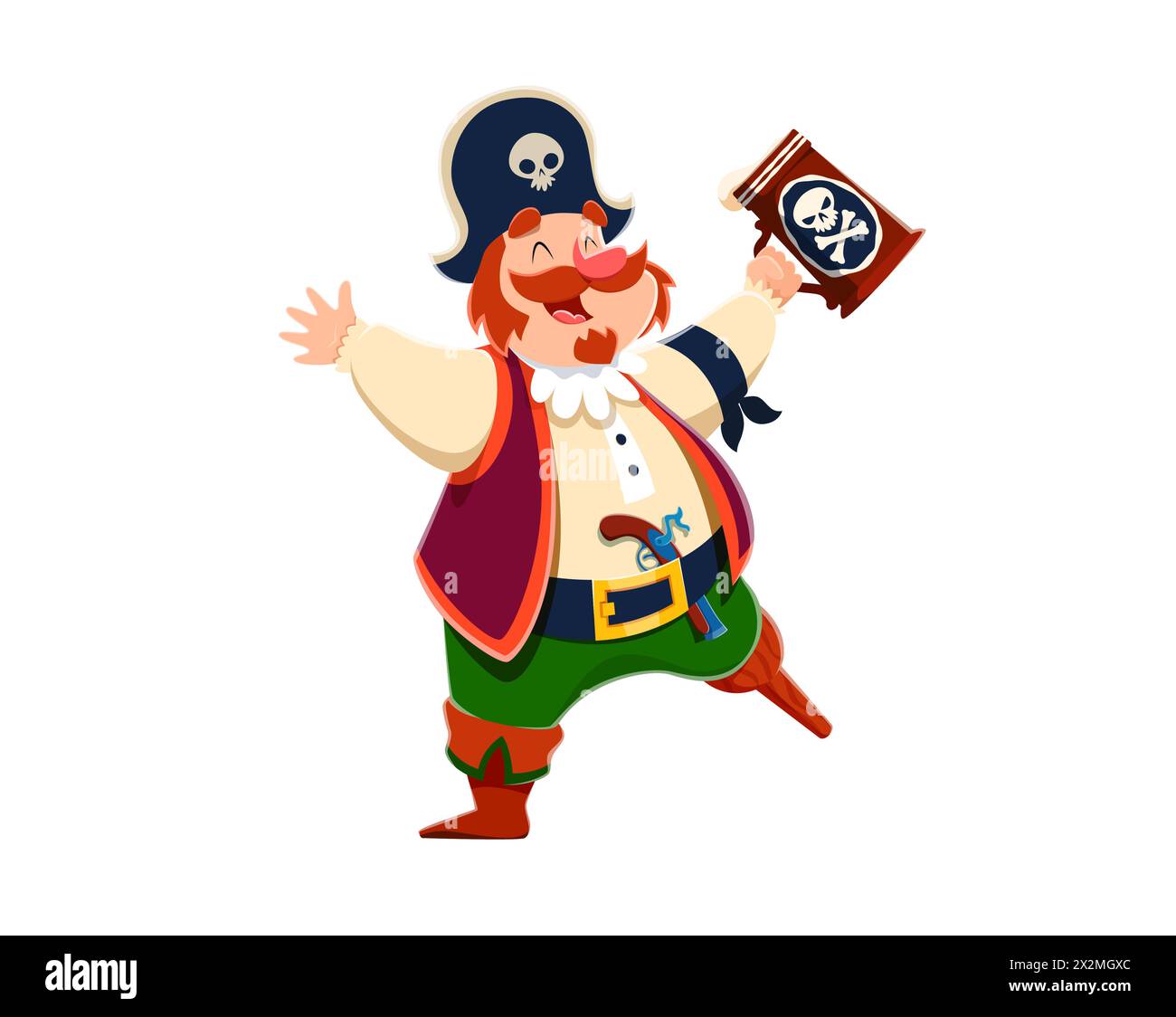 Cartoon funny pirate captain character with beer tankard, corsair seaman. Isolated vector jovial one legged buccaneer raises a frothy mug with a toothy grin, and gun on his plump, belt-cinched waist Stock Vector