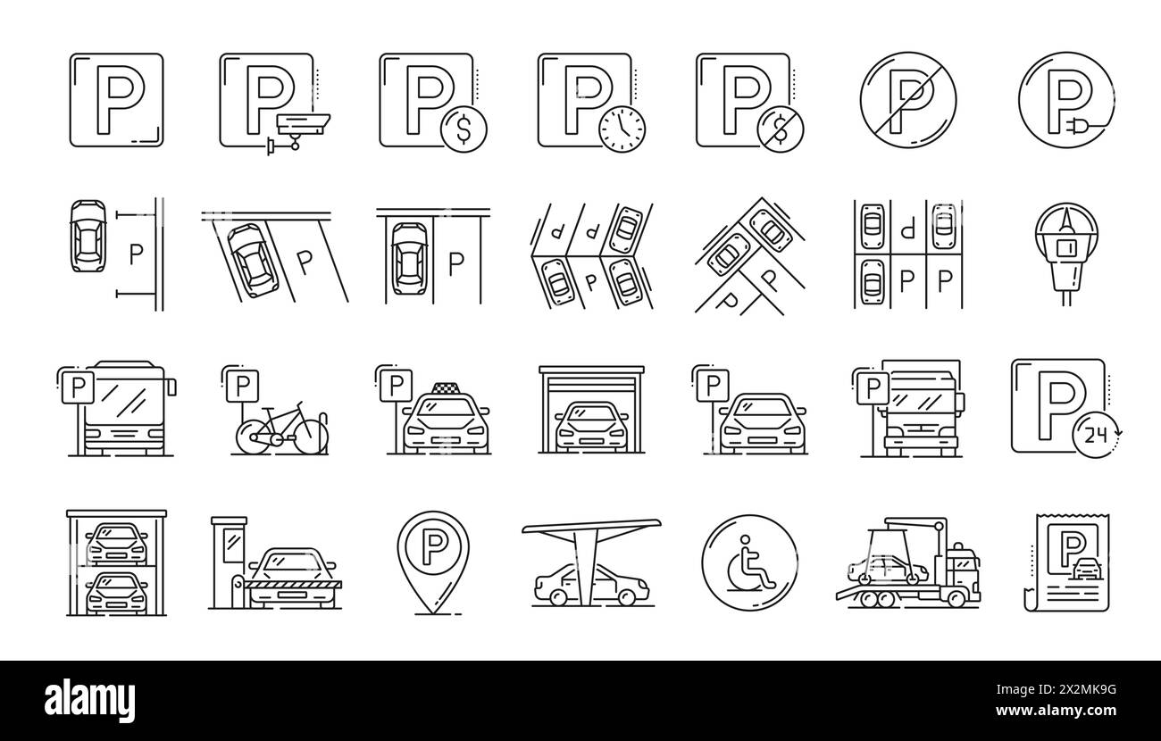 Automatic garage service and parking line icons, car park and vehicle