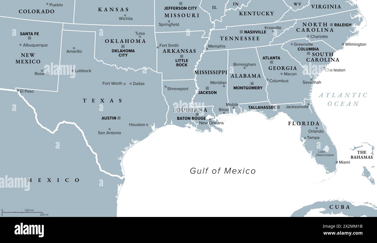 Gulf States of the United States, also called Gulf South or South Coast, political map. Coastline along Southern United States at Gulf of Mexico. Stock Photo