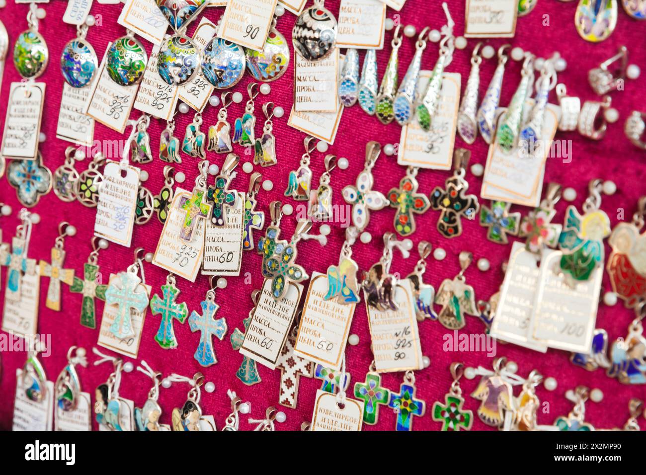 Tbilisi, Georgia - April 28, 2019: Assortment of Georgian handmade jewelry is on a counter of local gift shop Stock Photo
