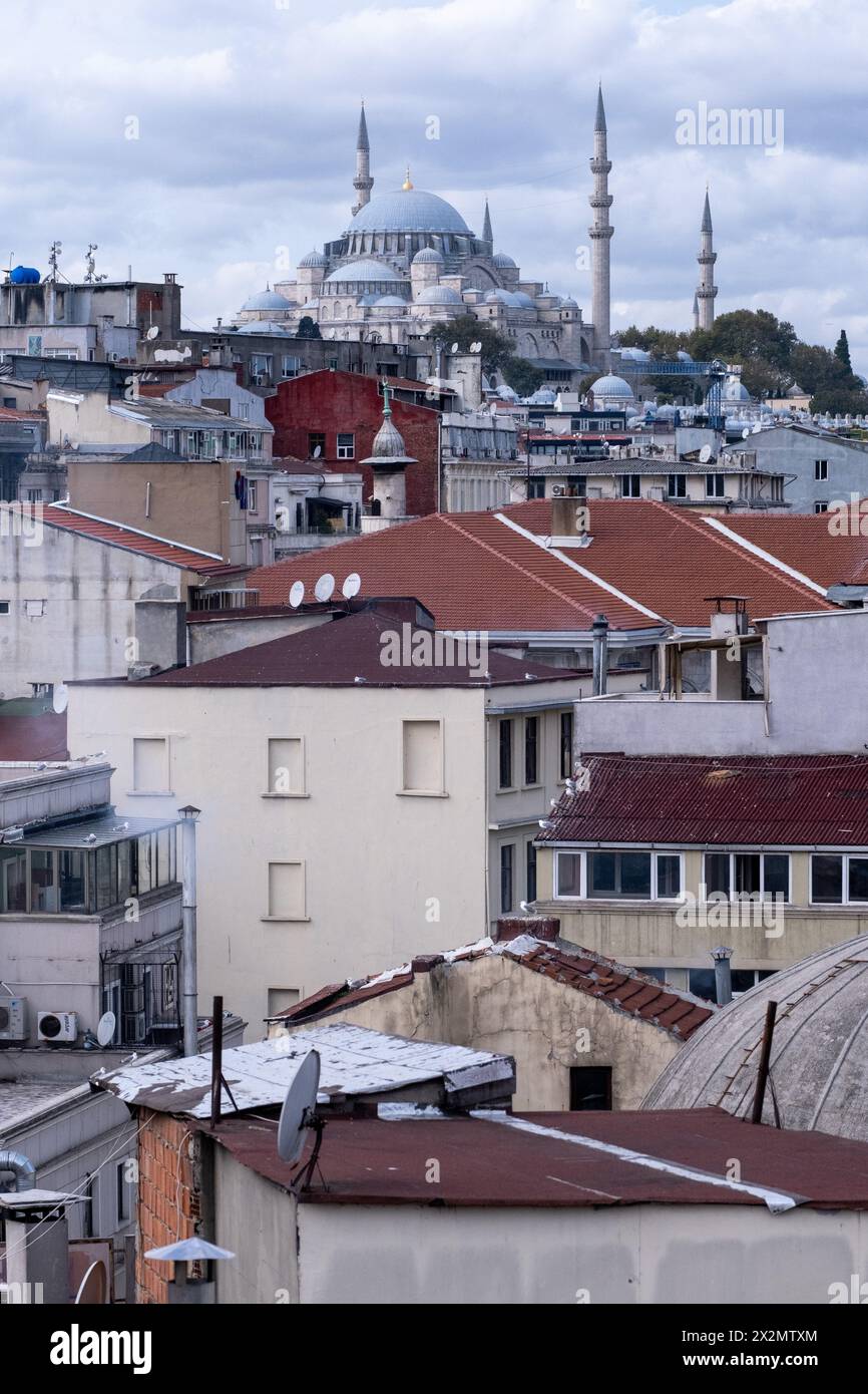 A cityscape of residential buildings and the Suleymaniye Mosque in Istanbul, Turkey's largest city on the Bosphorus strait in the Marmara region, on 1 Stock Photo