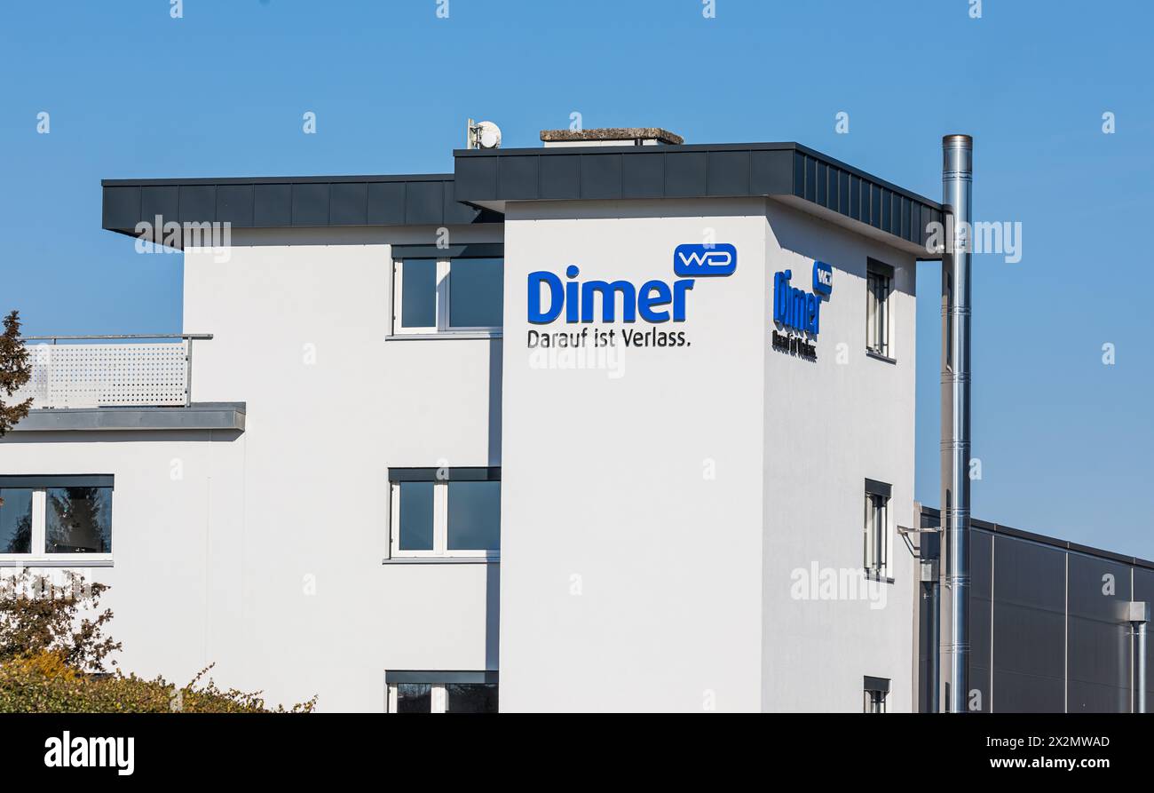 Firmen Logo der W. Dimer GmbH im süddeutschen Laufenburg. Die Firma produziert Schaumstoffe, Verpackung und Zellstoffwatte. (Laufenburg, Deutschland, Stock Photo