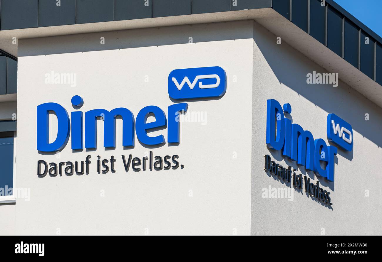 Firmen Logo der W. Dimer GmbH im süddeutschen Laufenburg. Die Firma produziert Schaumstoffe, Verpackung und Zellstoffwatte. (Laufenburg, Deutschland, Stock Photo