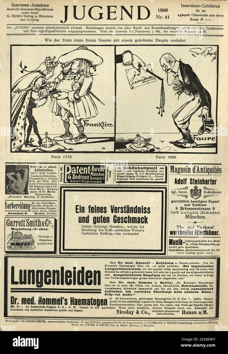 Page from Jugend 1896, Art Nouveau, Jugendstil, cartoon, adverts, German, History 19th Century. Stock Photo