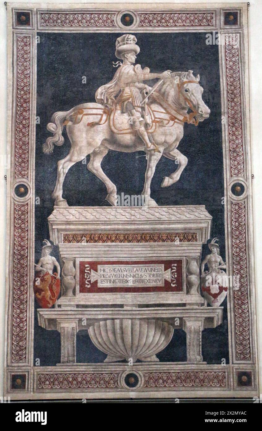 Frescos in Santa Maria del Fiore (Florence) - Andrea del castagno,  Equestrian portrait of Niccolò da Tolentino, 145 Stock Photo