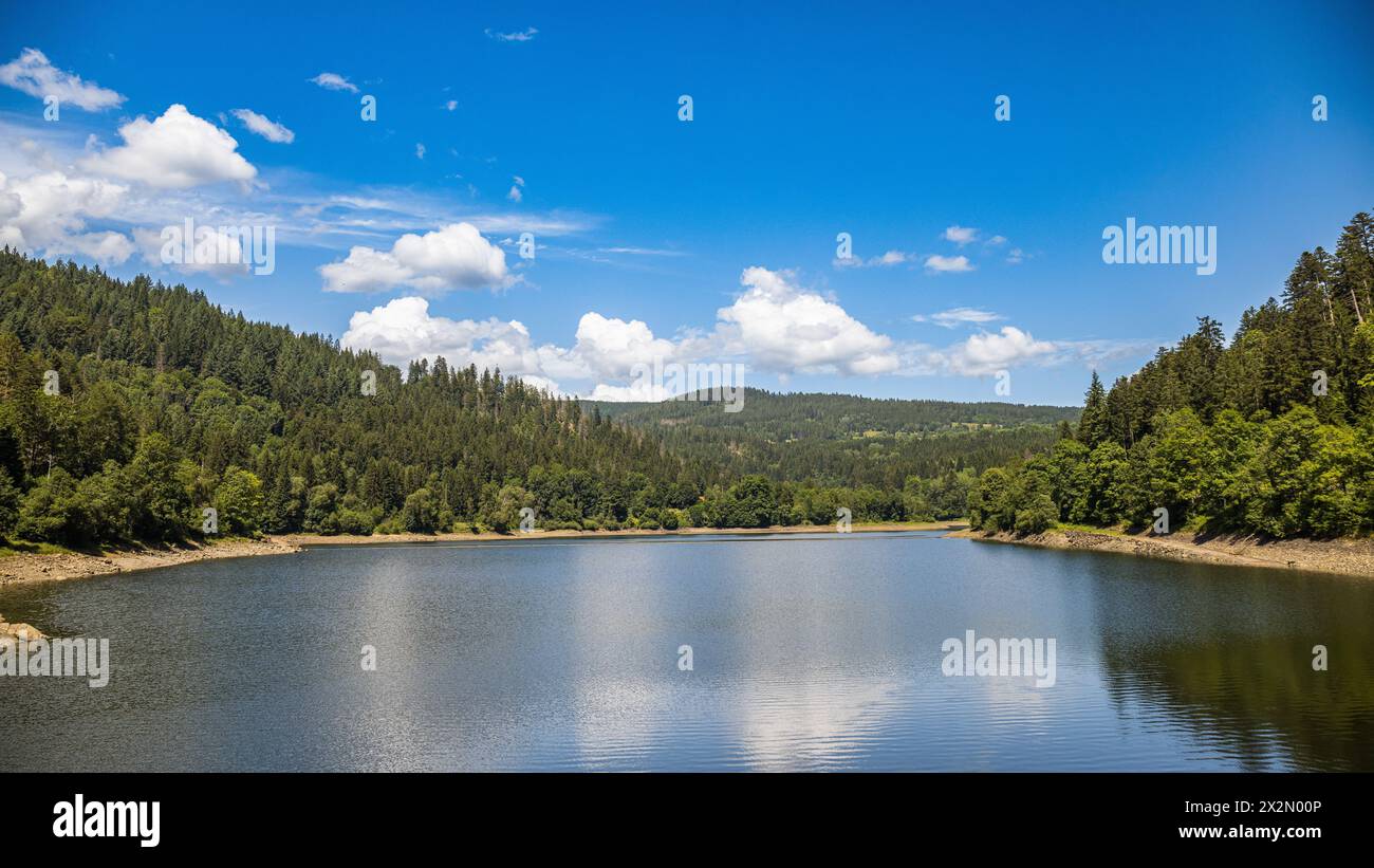 Blick auf den Alpstausee im Schwarzwald in Süddeutschland. Aktuell hat der Stausee zu wenig Wasser. (St. Blasien, Schweiz, 23.06.2022) Stock Photo