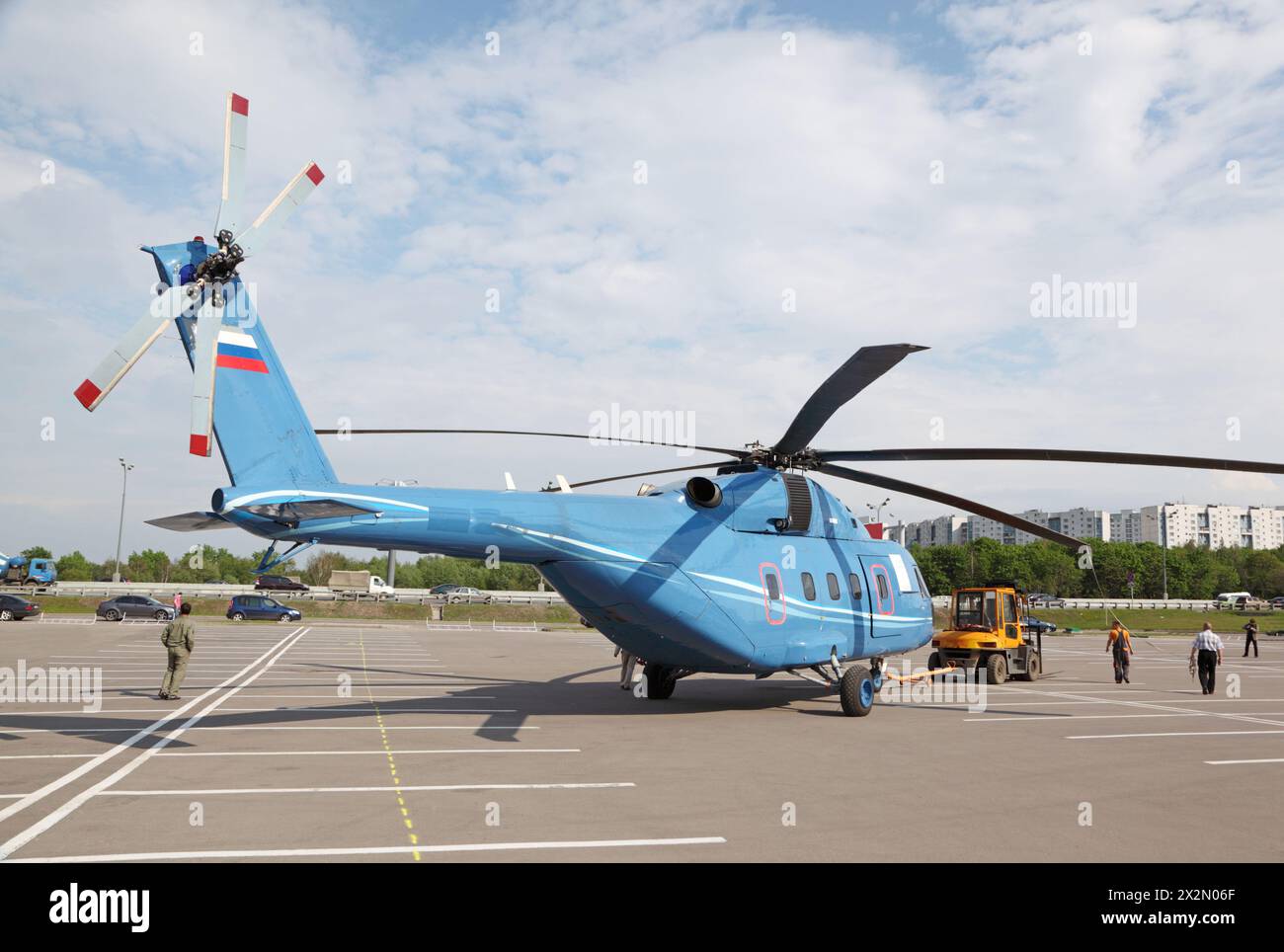 MOSCOW - MAY 21: Helicopter Mi-38 flies up from take-off field at International exhibition of helicopter industry of Helirussia in Exhibition center E Stock Photo