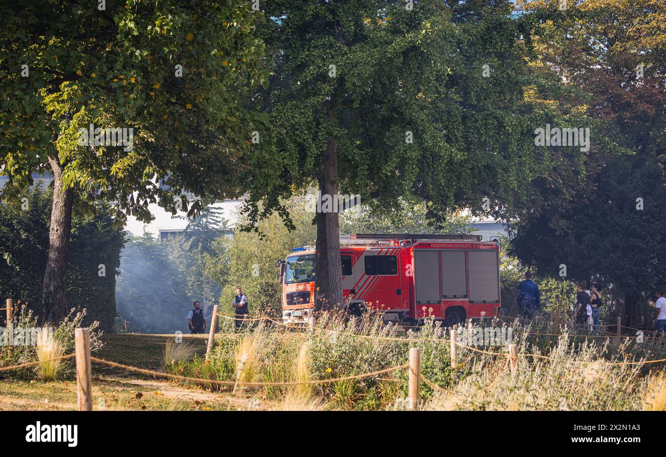 Trotz starker Rauchentwicklung wegen eines Containerbrandes, schauen zahlreiche Personen der Feuerwehr Freiburg im Breisgau bei den Löscharbeiten zu. Stock Photo