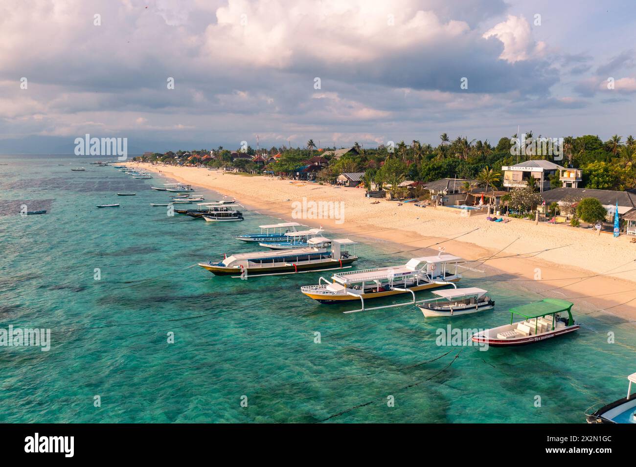 Nusa lembongan - September 04 2022: Aerial drone view of tourists enjoy the Jungut Batu beach in Nusa Lembongan in Bali in Indonesia in Southeast Asia Stock Photo