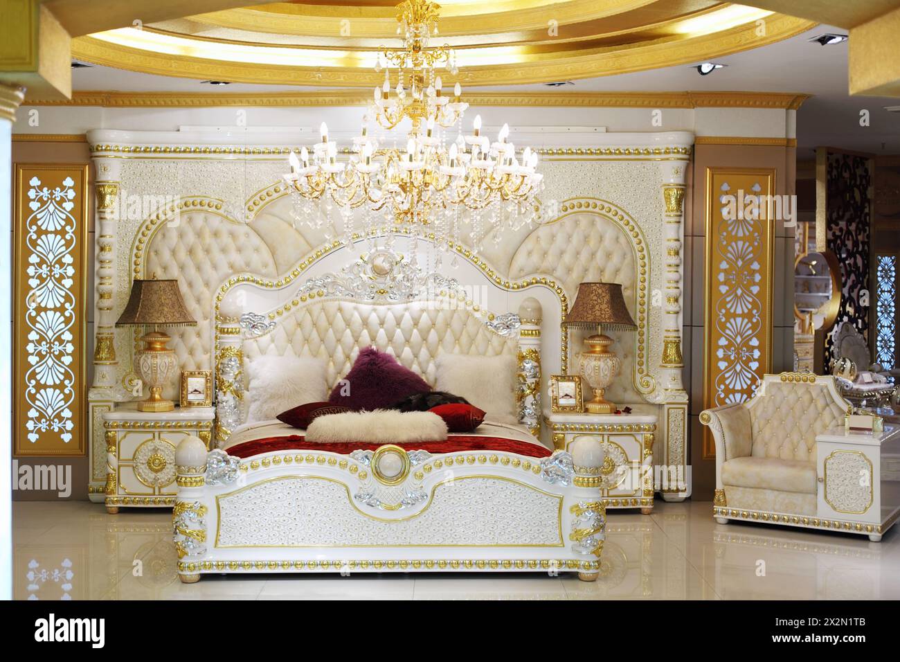 FOSHAN - NOVEMBER 21: Luxurious bed in classic style in Louvre furniture trade center on November 21, 2011 in Foshan near Guangzhou, China. Total exhi Stock Photo