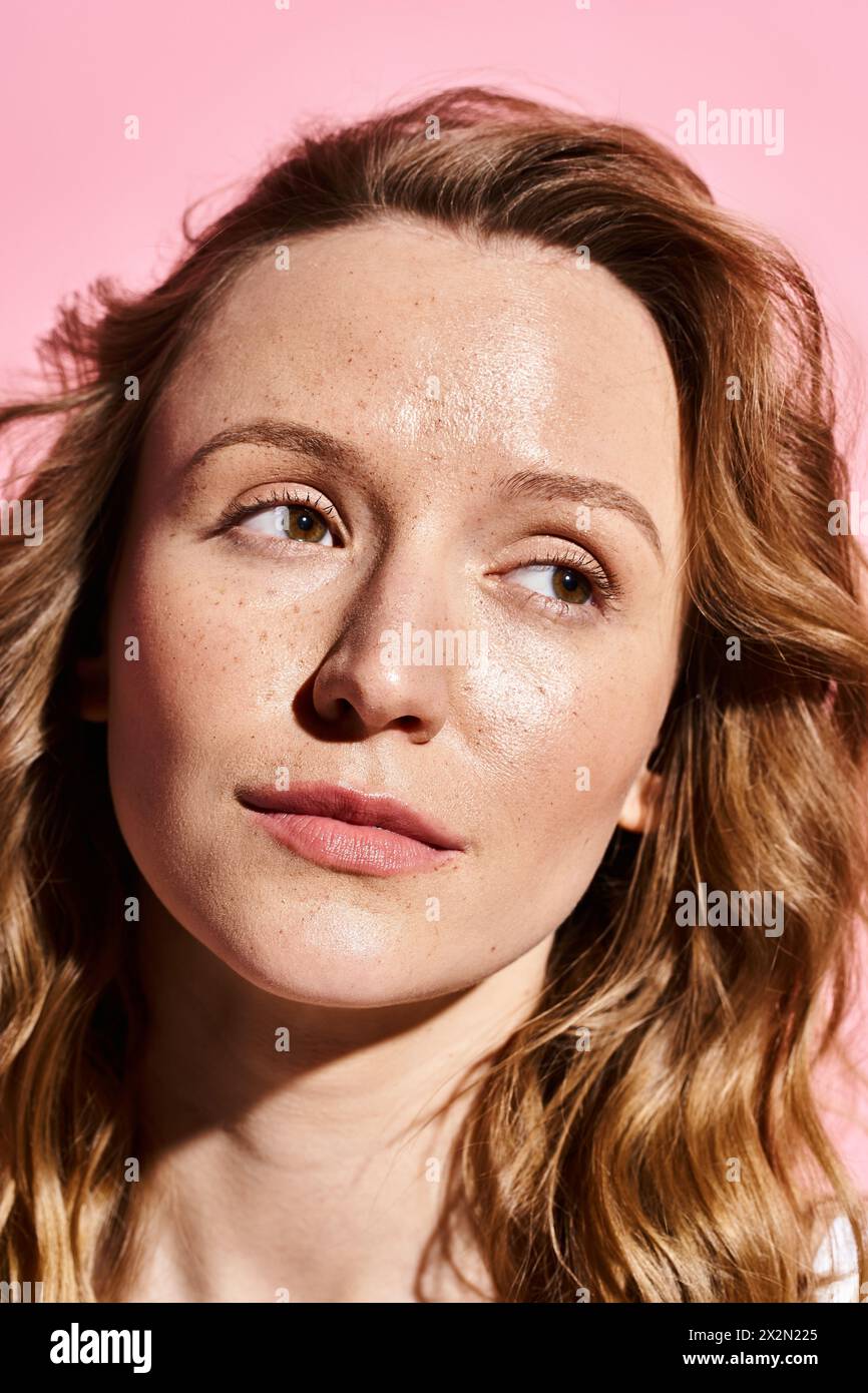 Close-up of an attractive woman with freckles on her face exuding natural beauty while posing confidently. Stock Photo