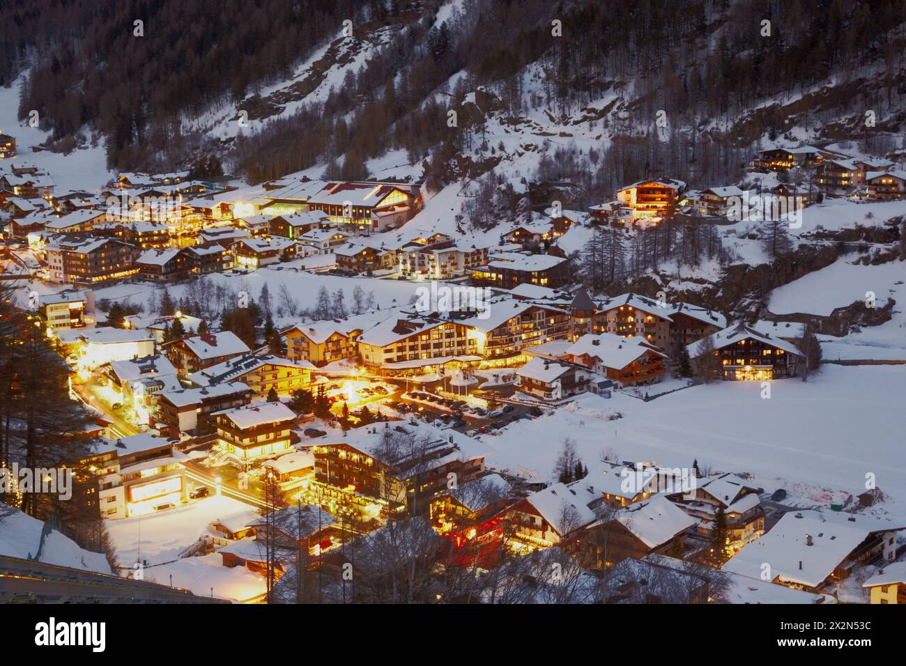 View from funicular station at village, filled with evening lights Stock Photo