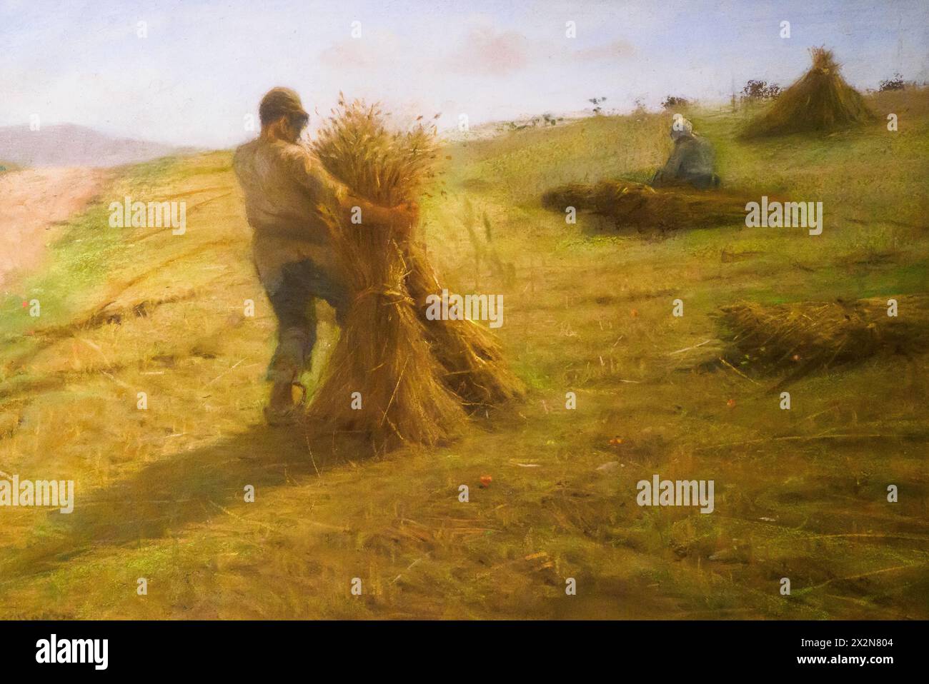 Wheat Harvesting by Federico Rossano (1835-1912), pastel on paper Stock Photo