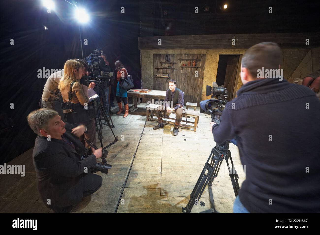 MOSCOW - JAN 18: Actor Dmitry Vysotsky, journalists and cameramen during press-preview of The Cripple from Inishmaan at Theatre on Taganka, Jan 18, 20 Stock Photo