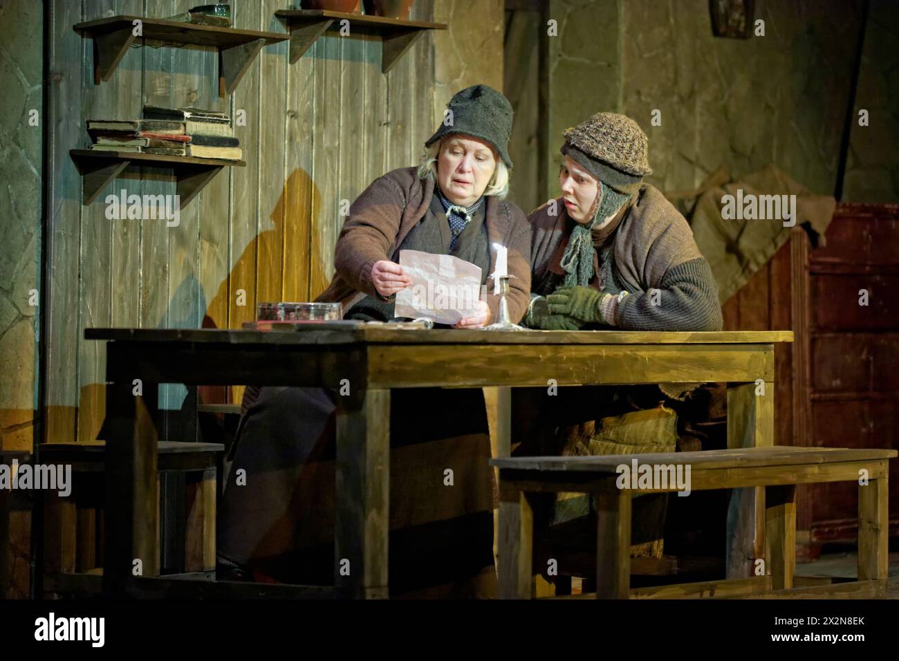 MOSCOW - JAN 18: Actors Tatyana Sidorenko and Margarita Radtsig on stage of Taganka Theatre in performance  The Cripple from Inishmaan put by stage di Stock Photo