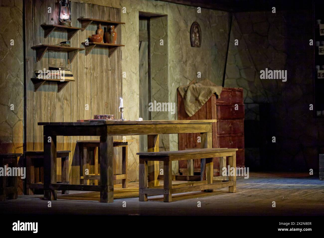 MOSCOW - JAN 18: Pieces of scenery on stage of Taganka Theatre in performance  The Cripple from Inishmaan put by stage director Sergey Fedotov, Jan 18 Stock Photo