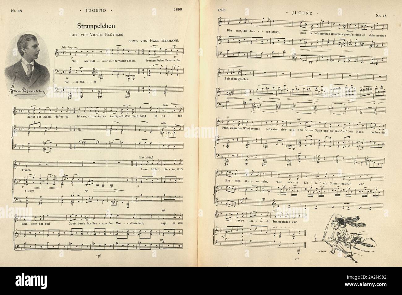 Vintage illustration, Victorian music song sheet, Strampelchen, Victor Bluthgen, Hans Hermann, Jugendstil, Art Nouveau, 1890s, 19th Century. Stock Photo