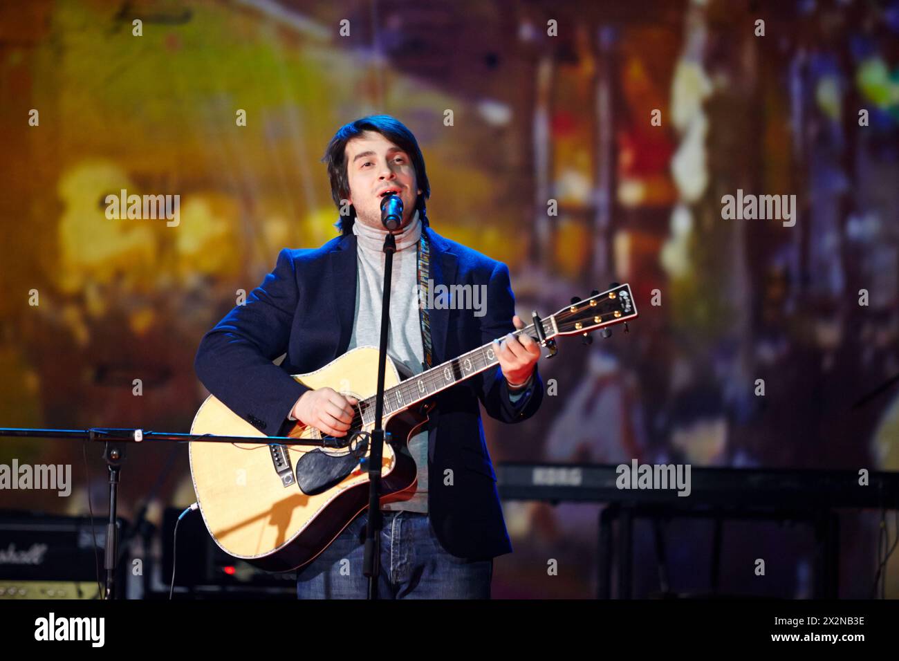 MOSCOW - JAN 23: Singer Peter Nalitch performs on stage at Taganka Theater during Award ceremony of Prize named after Vladimir Vysotsky Own Track, Jan Stock Photo