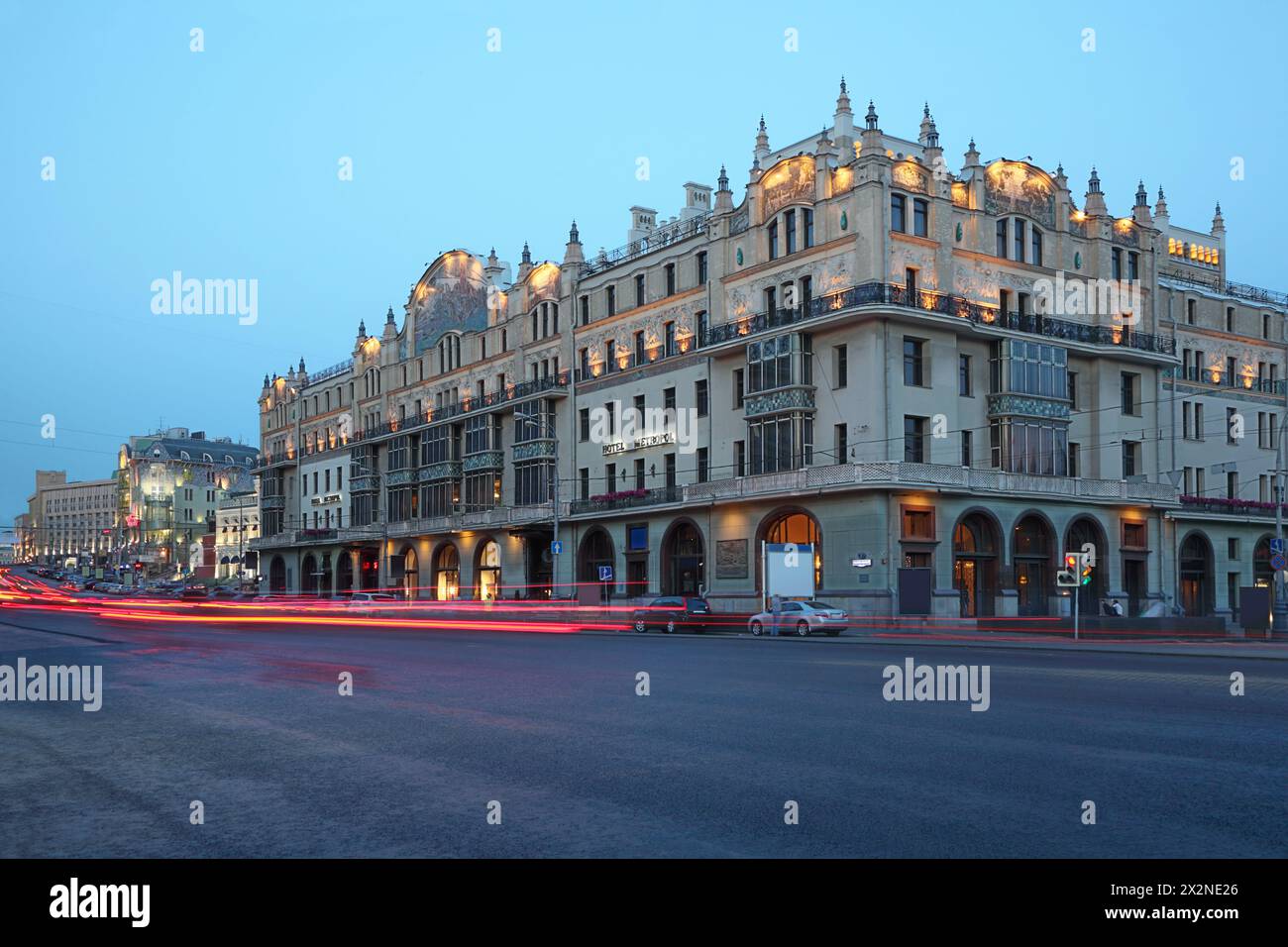 Hotel Metropol at evening in Moscow, Russia. Building was constructed in 1899-1905. Stock Photo