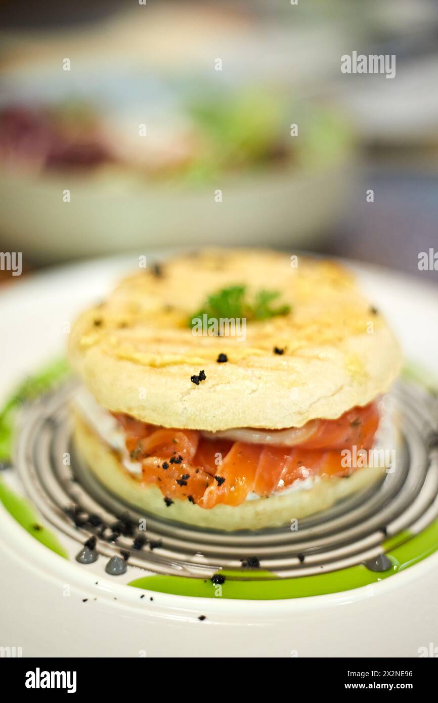 Close up toasted bagel with smoked salmon Stock Photo