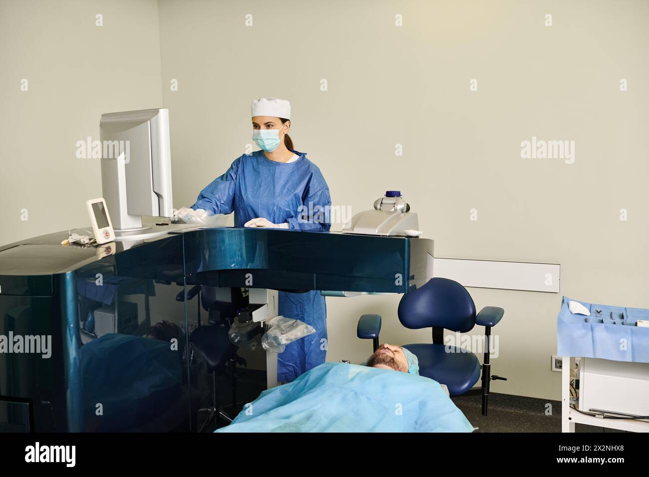 A person in scrubs lays on a hospital bed, tired yet resolute. Stock Photo