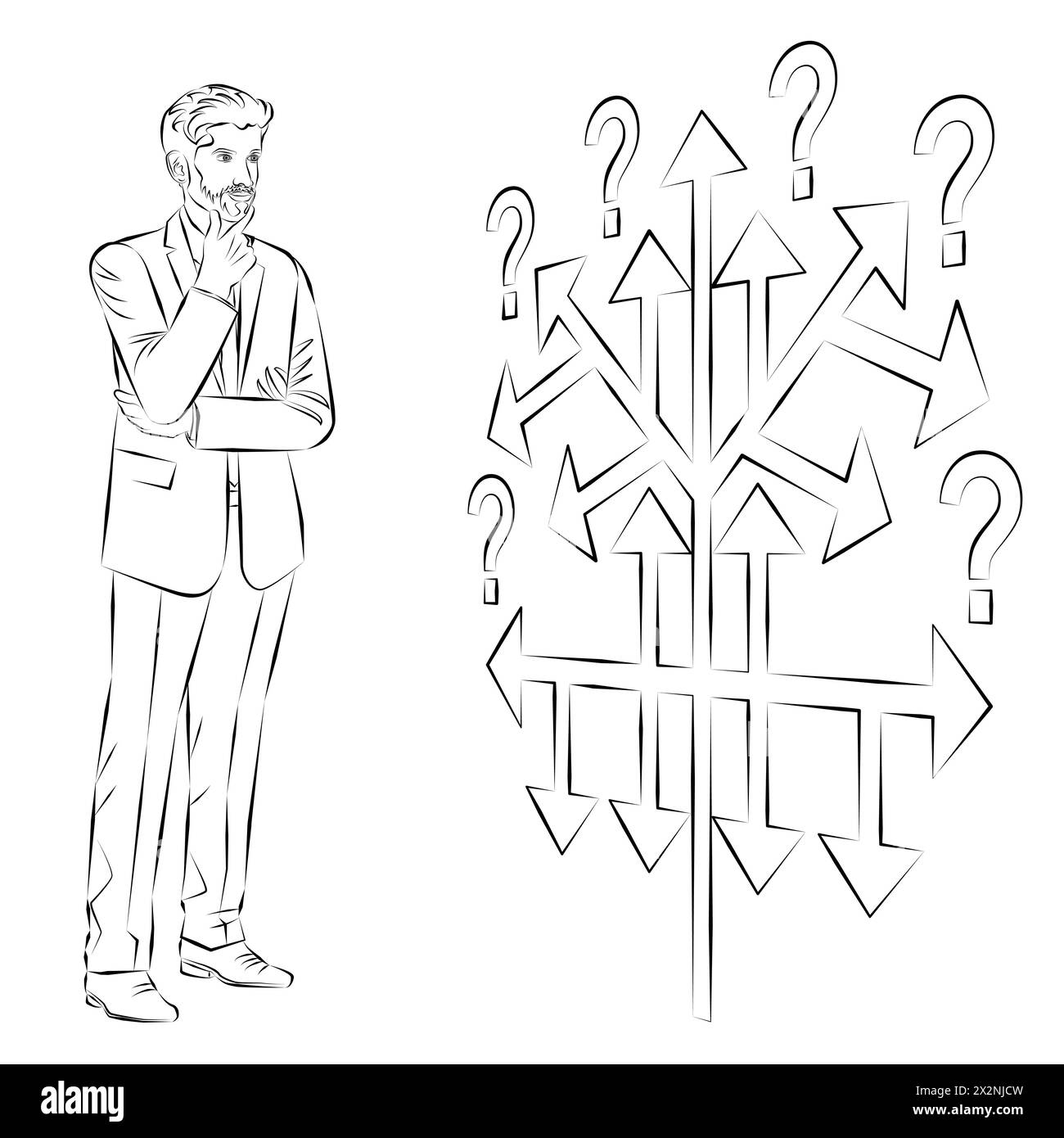 A man uses a decision tree to identify a problem or opportunity in the decision-making process. Business concept. Sketch. Vector illustration. Stock Vector