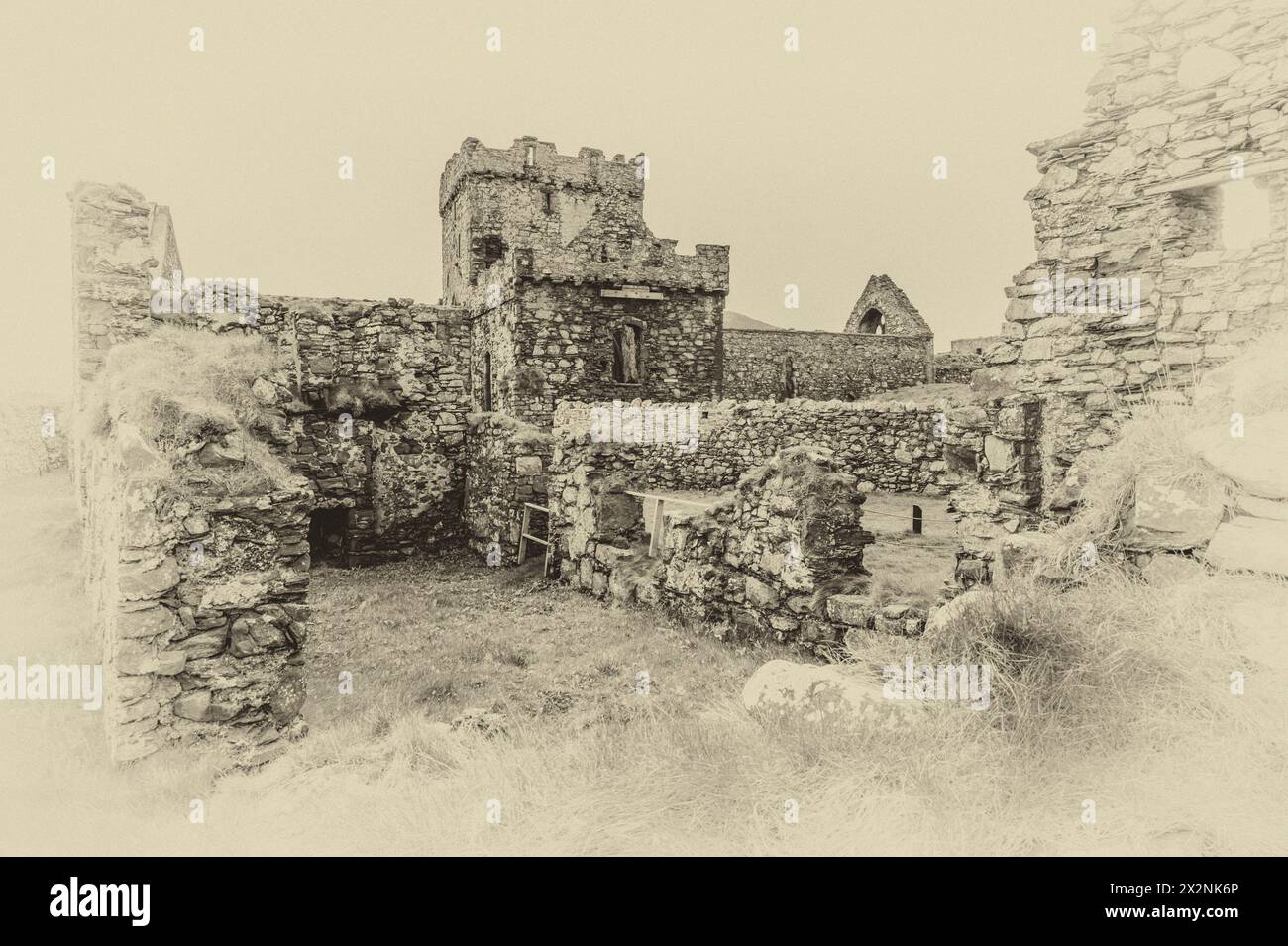 General scenic image is of the 12th century historic Peel Castle and Abbey on the west coast of the Isle of Man. Stock Photo