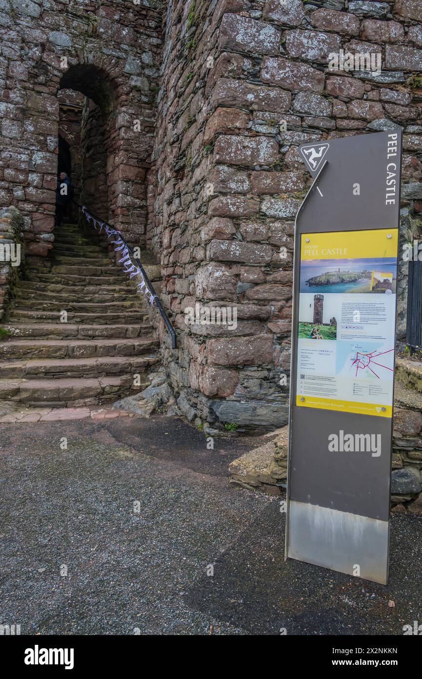 The image is of the entrance to the historic Peel Castle, the 12th century Viking fortress and abbey on the west coast of the Isle of Man Stock Photo