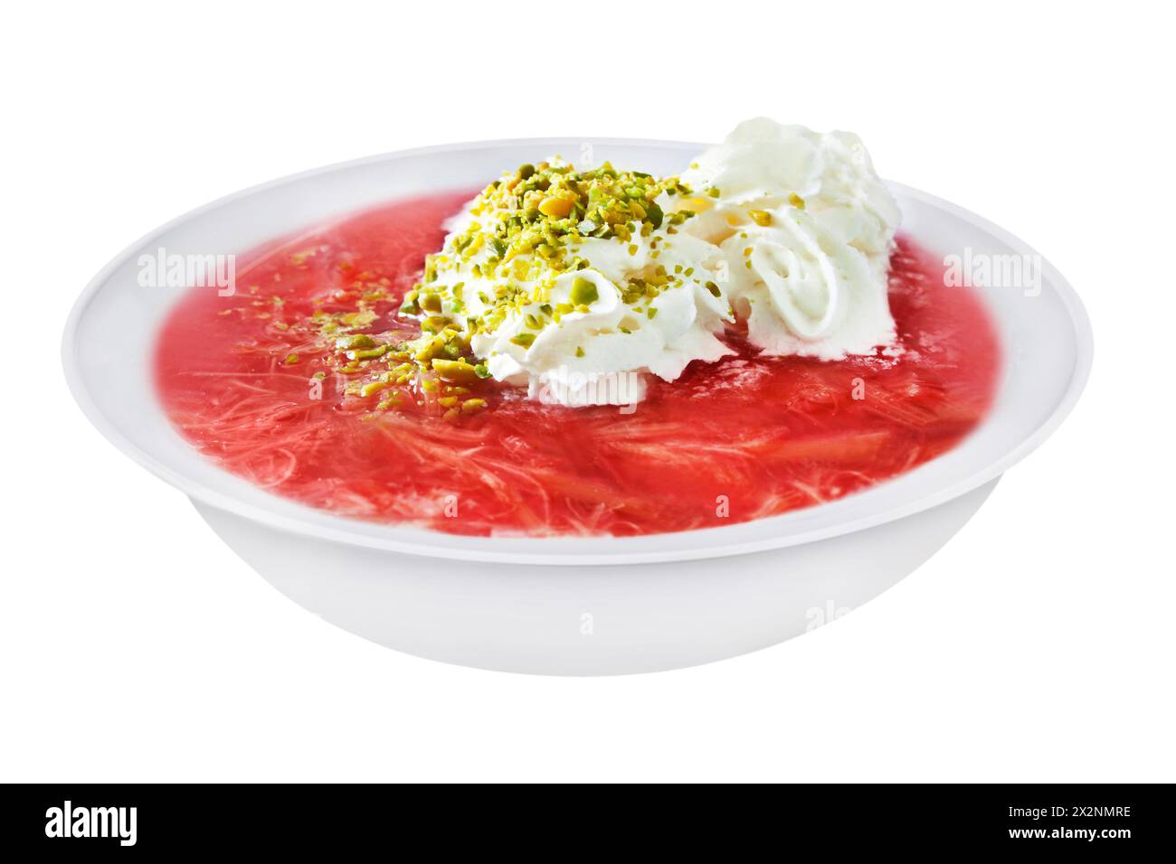 Rhubarb jelly soup with cream isolated on white background Stock Photo