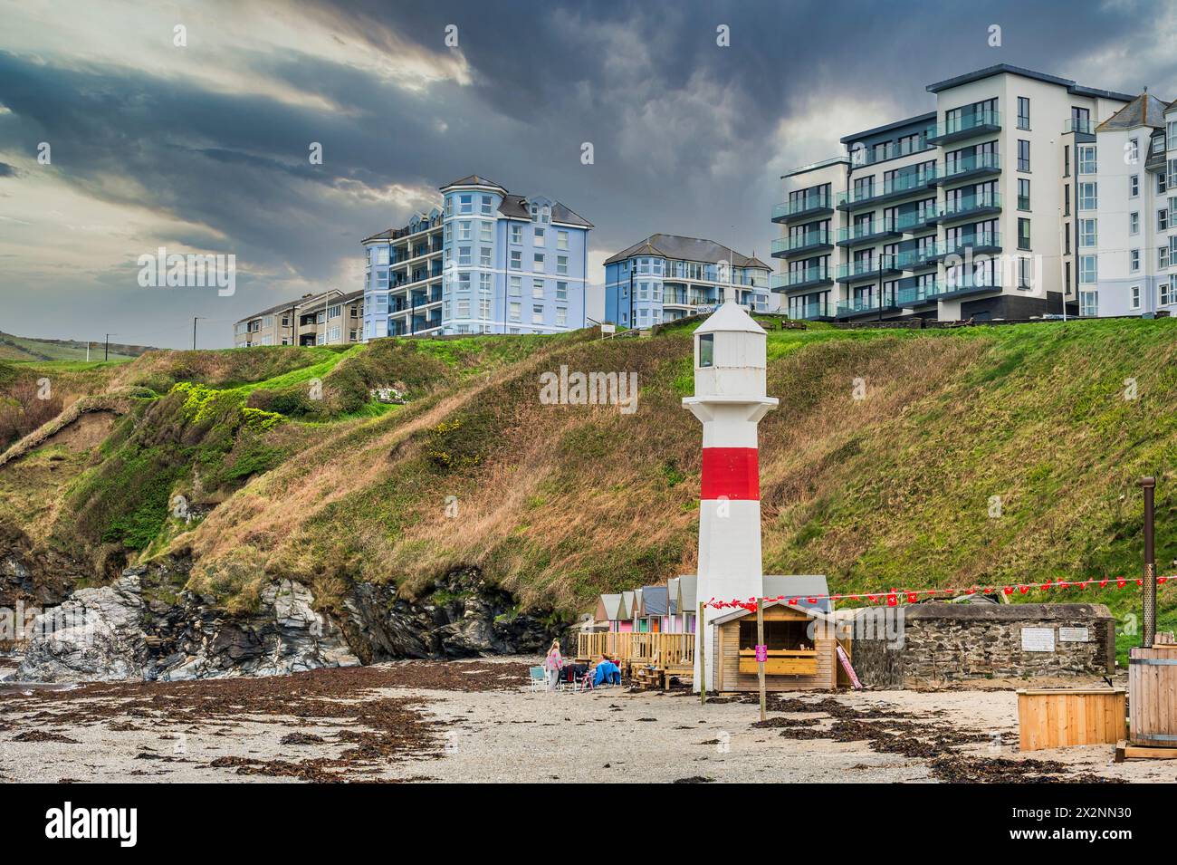 Beach scenic image looking towards the Lookout Tower at the coastal resort town of Port Erin on the southwestern tip of the Isle of Man Stock Photo