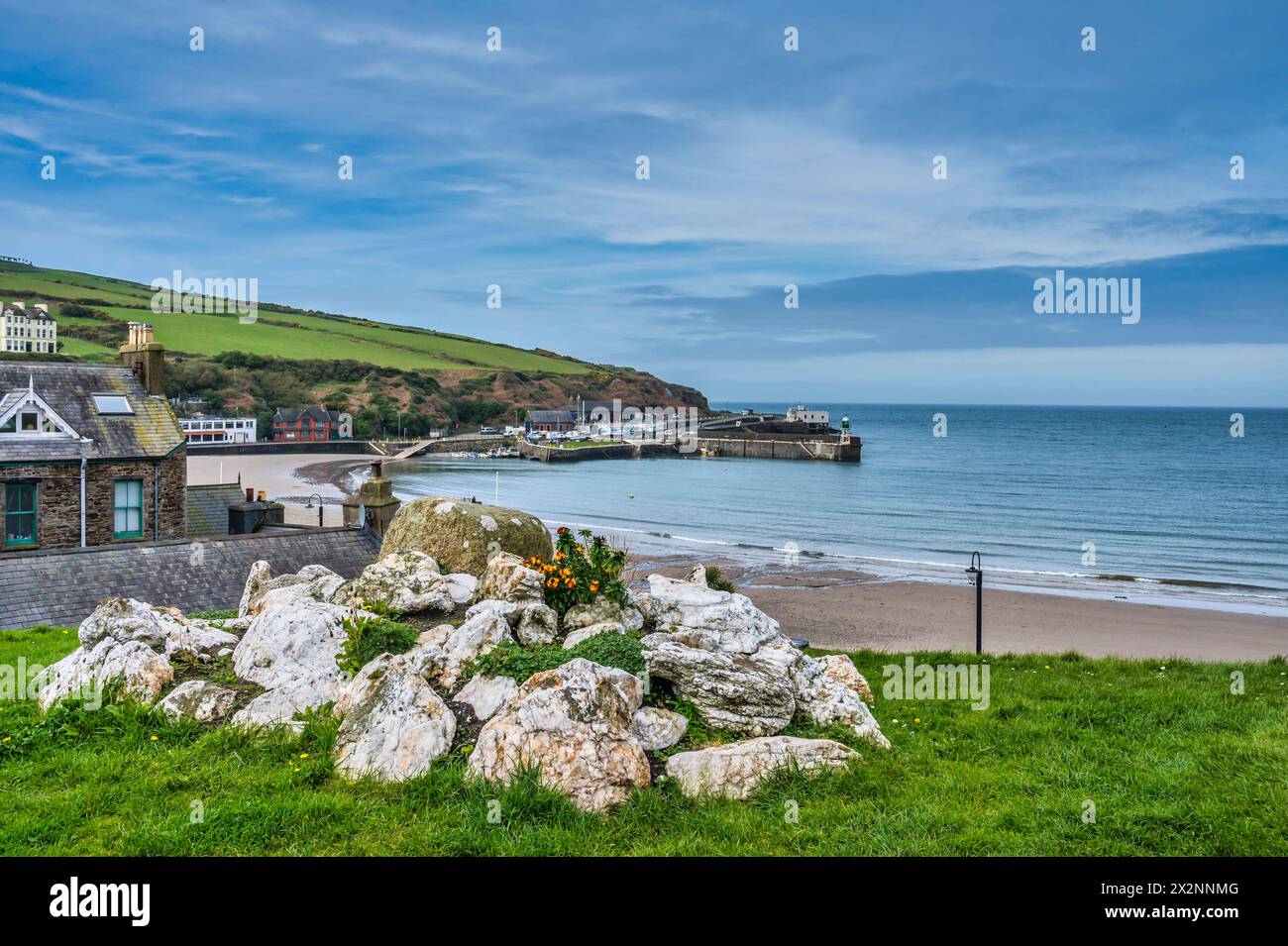 Scenic image looking across the bay towards the Irish Sea at the coastal resort town of Port Erin on the southwestern tip of the Isle of Man Stock Photo